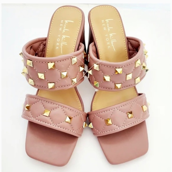 NICOLE MILLER Block Square-toe Studded Heel In Blush - Picture 7 of 11